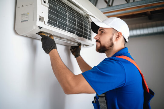 HVAC technician installing a mini split air conditioner in San Clemente