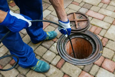 Plumber cleaning an outdoor sewer drain in San Clemente