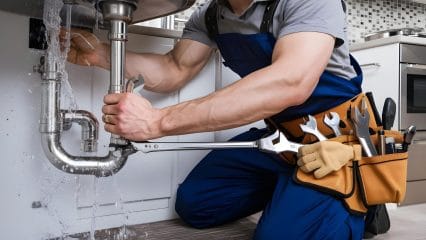 Plumber repairing pipes beneath a sink in San Clemente